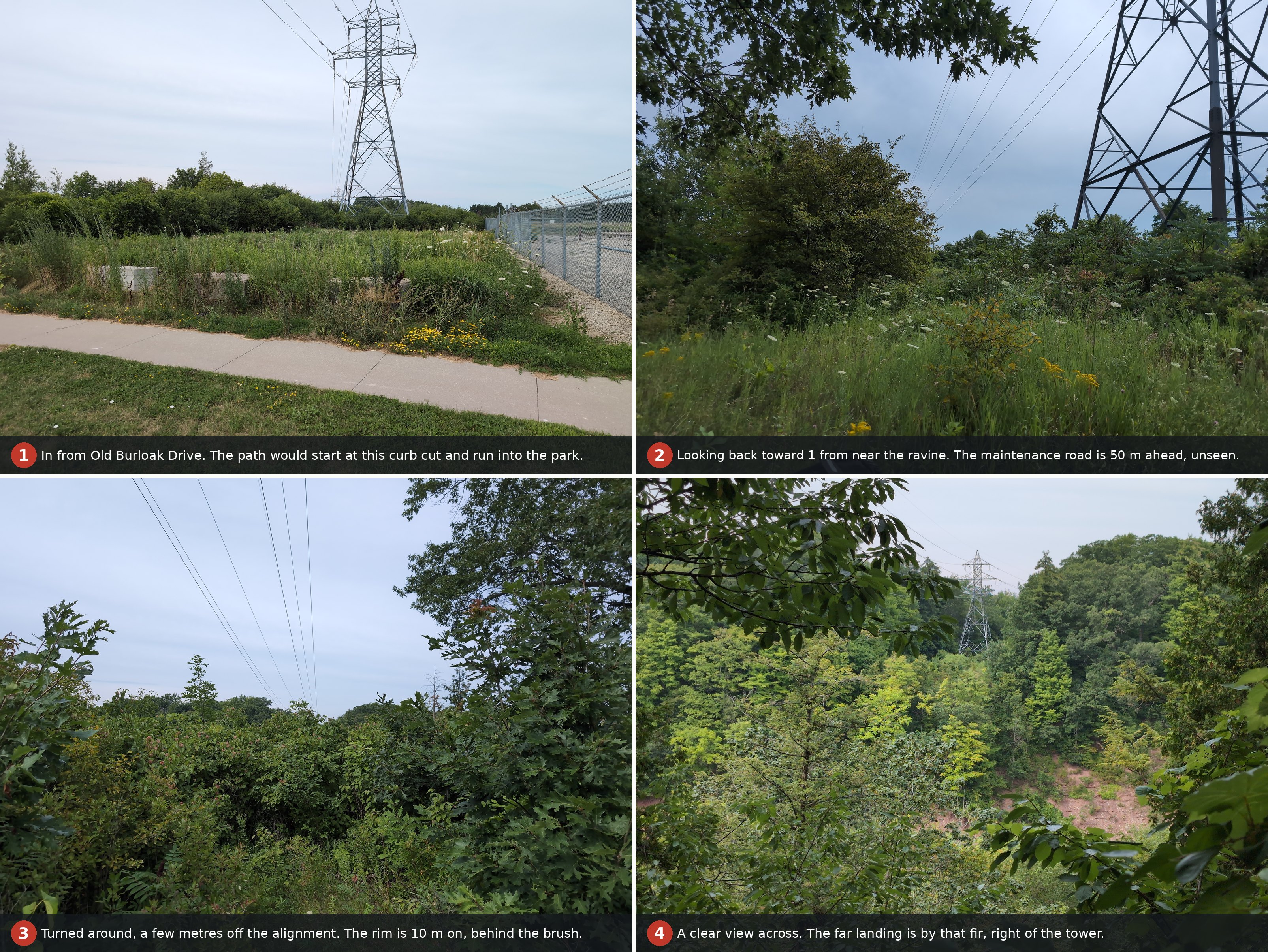 Four photographs of the Burlington-side approach to the proposed crossing, arranged two across and two down: a paved path and curb cut on Old Burloak Drive beside a fenced pipeline compound, with concrete blocks marking a transmission-tower access corridor; a view back along that route from near the ravine, the way ahead hidden by summer foliage; the same spot turned around to look toward the crossing, the ravine rim screened by brush; and a clear view across the ravine to a transmission tower on the Oakville side with a tall fir beside it.